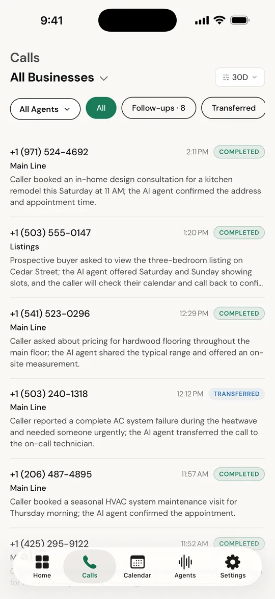 Calls list with instant AI summaries